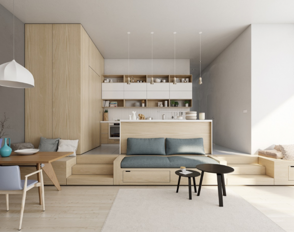 Desain open-plan dengan ruang yang terintegrasi